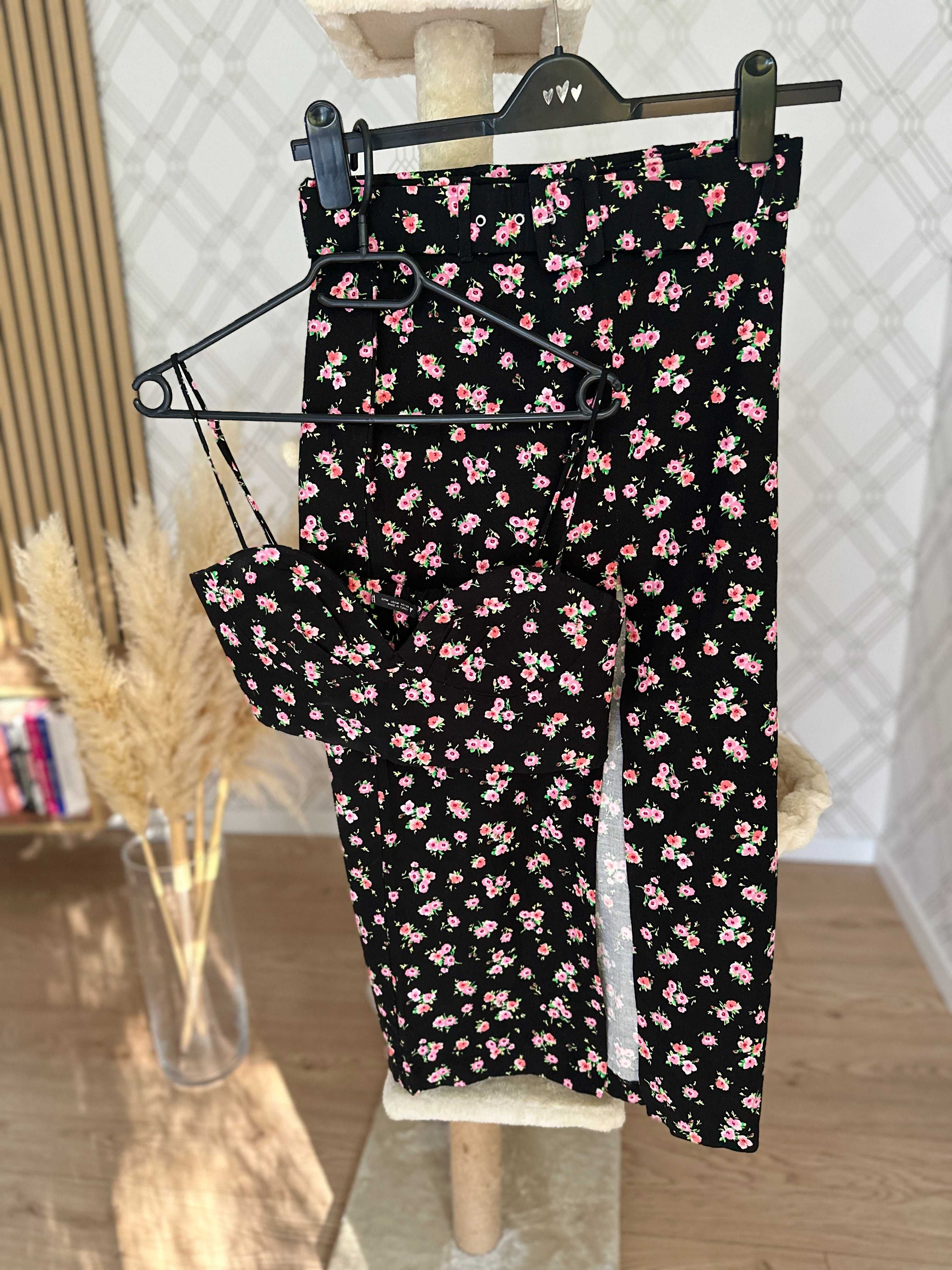 Czarny set komplet w kwiatki spódnica midi crop top gorset Zara