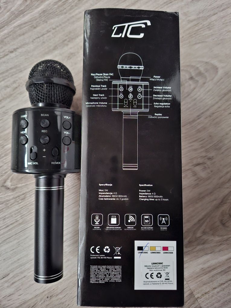 Mikrofon bluetooth z głośnikiem czarny SD usb