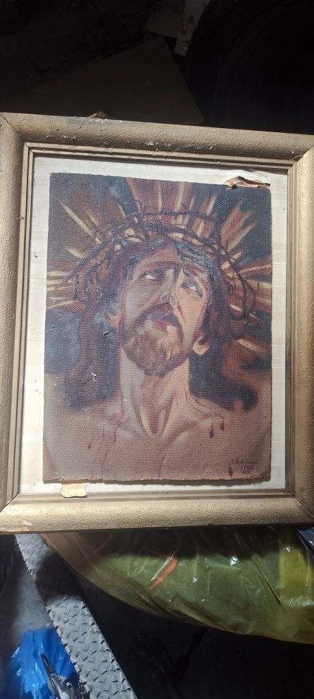 Obraz Jezus XIXw olej na desce