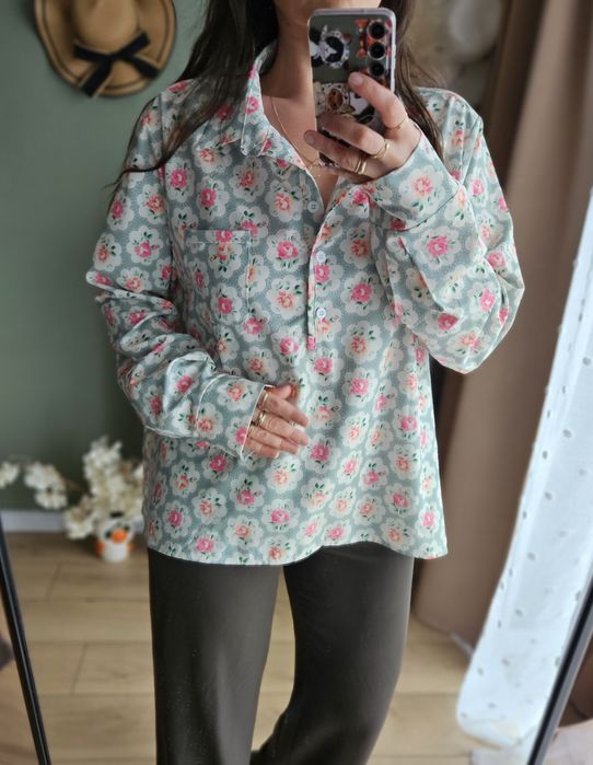 Oversize Koszula damska plus size XXL Mięta Kwiaty Róże Romantyczna Dł