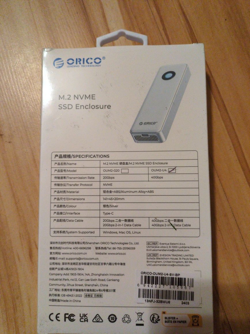 Obudowa dysku SSD Orico NVMe M.2 USB4 Thunderbolt 3/4 40Gbs wentylator