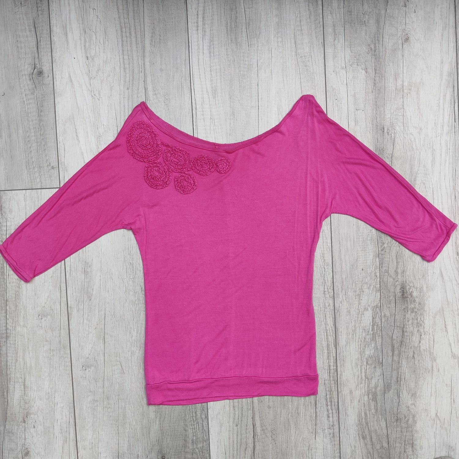 Różowa bluzka damska rękaw 3/4, koszulka z haftem, top, Mohito, XS /34