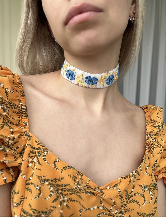 Стрічковий ґердан «Волошки» етноприкраси з бісеру, ручна робота