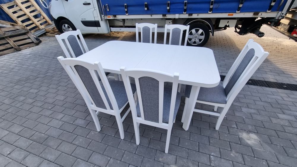 Nowe: Stół rozkładany + 6 krzeseł,  biały + szary, dostawa cała POLSKA