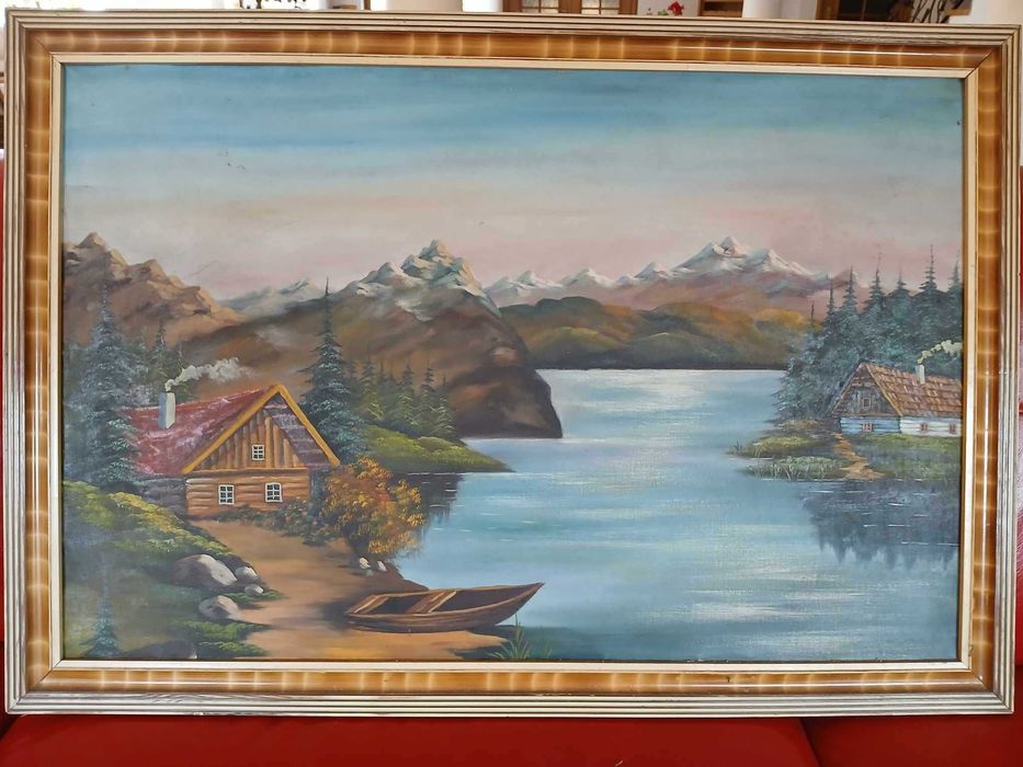 Obraz malowany ręcznie na płótnie Drewniane Chaty nad Zalewem w Górach