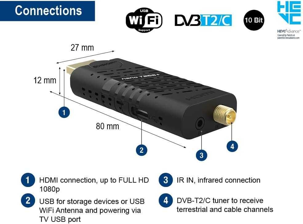 Edision NANO T265+ tuner DVB-T2 HEVC HDMI USB 2w1 mini rozmiar CHOWANY