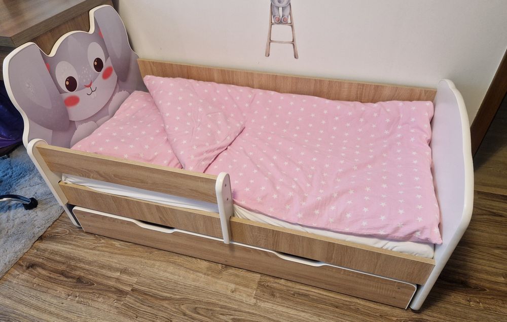 Łóżeczko łóżko dziecięce drewniane królik 140x70 materac pościel