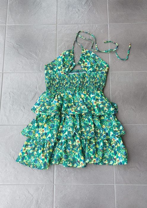 Sukienka mini falbanka wiązana dekolt bez pleców boho S/M Nowa Shein