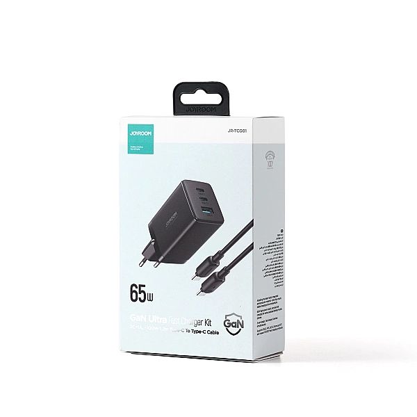 Joyroom szybka ładowarka GaN 65W USB-A, 2x USB-C czarna + kabel USB-C