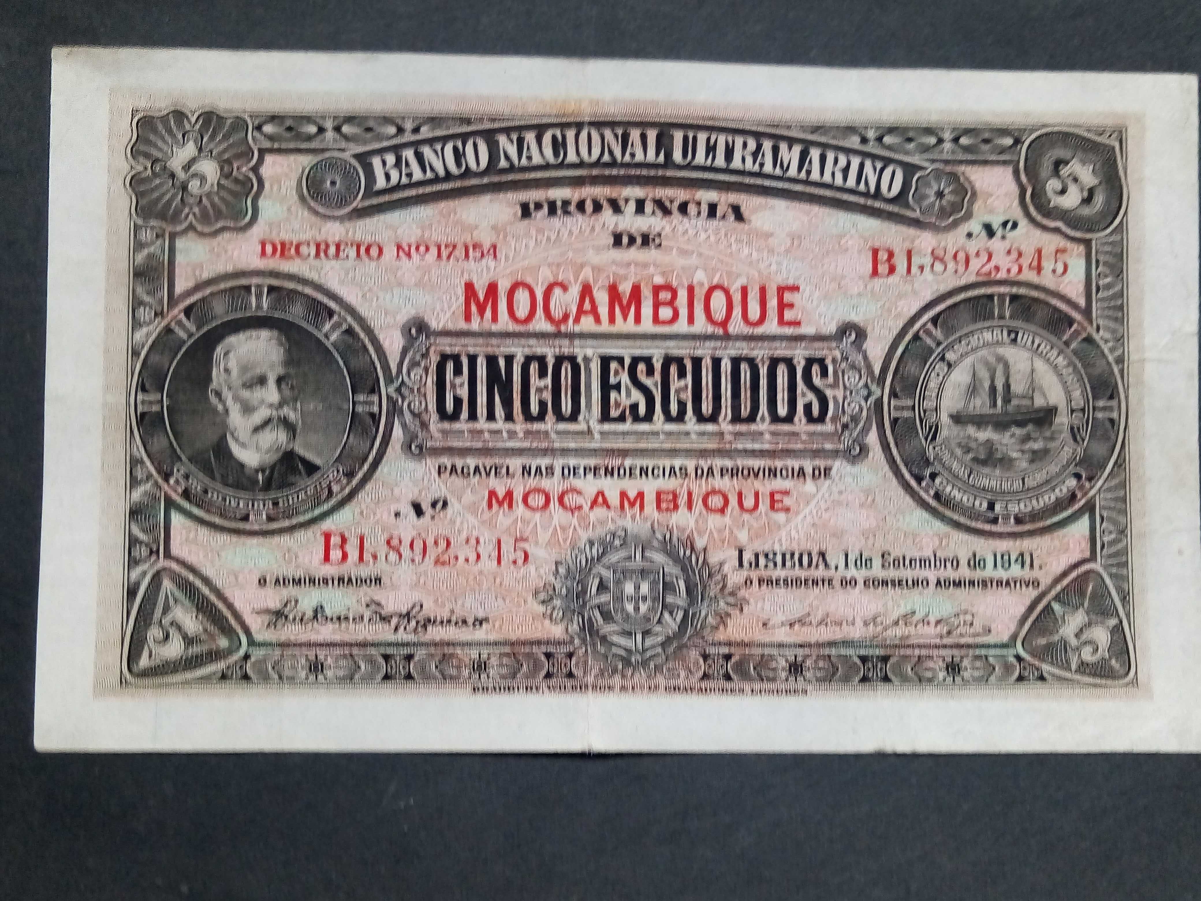 1 nota de cinco escudos (5$00) 1941 Oliveira Chamiço  Moçambique rara