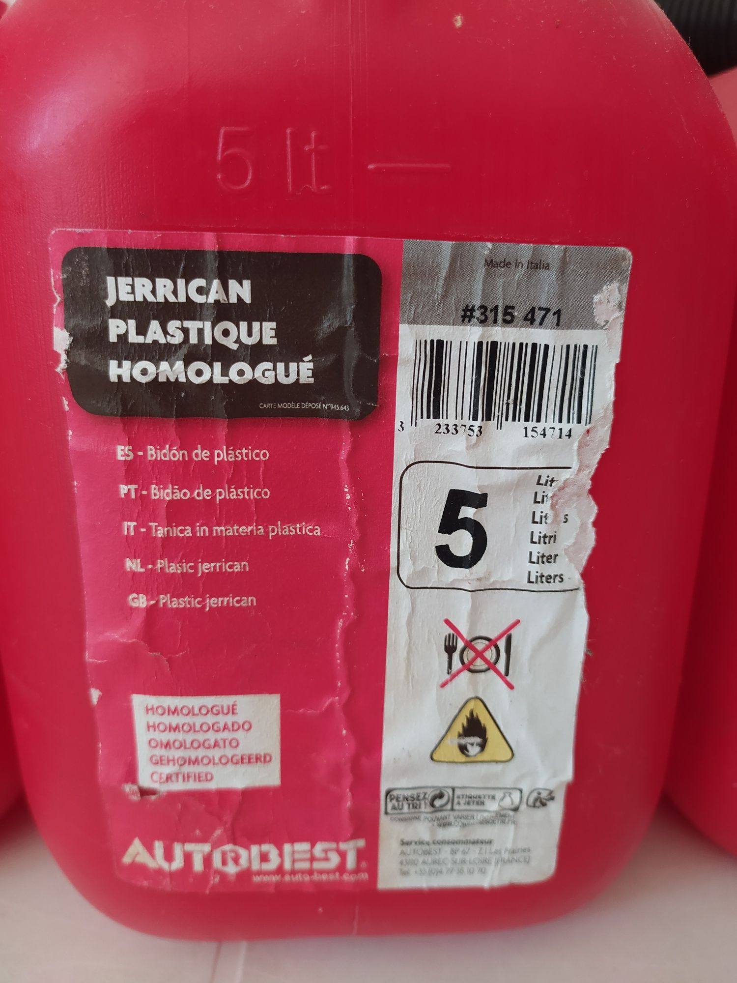 Conjunto de 5 jerricans de 5L em plástico vermelho