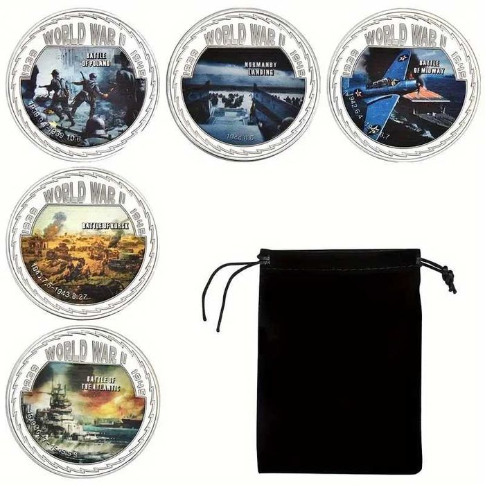 Zestaw 5 kolekcjonerskich monet medali II Wojna Światowa