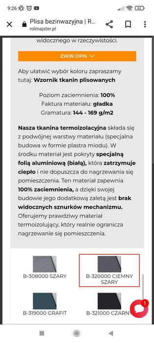 Roleta plisa termoizolacyjna