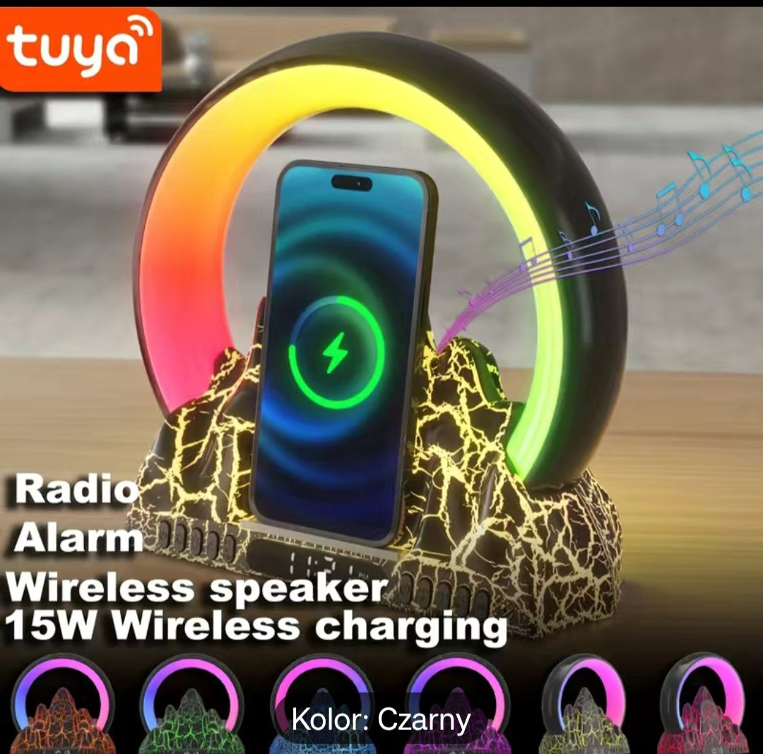 Lampka nocna, ładowarka bezprzewodowa, budzik, radio, głośnik bluetoot
