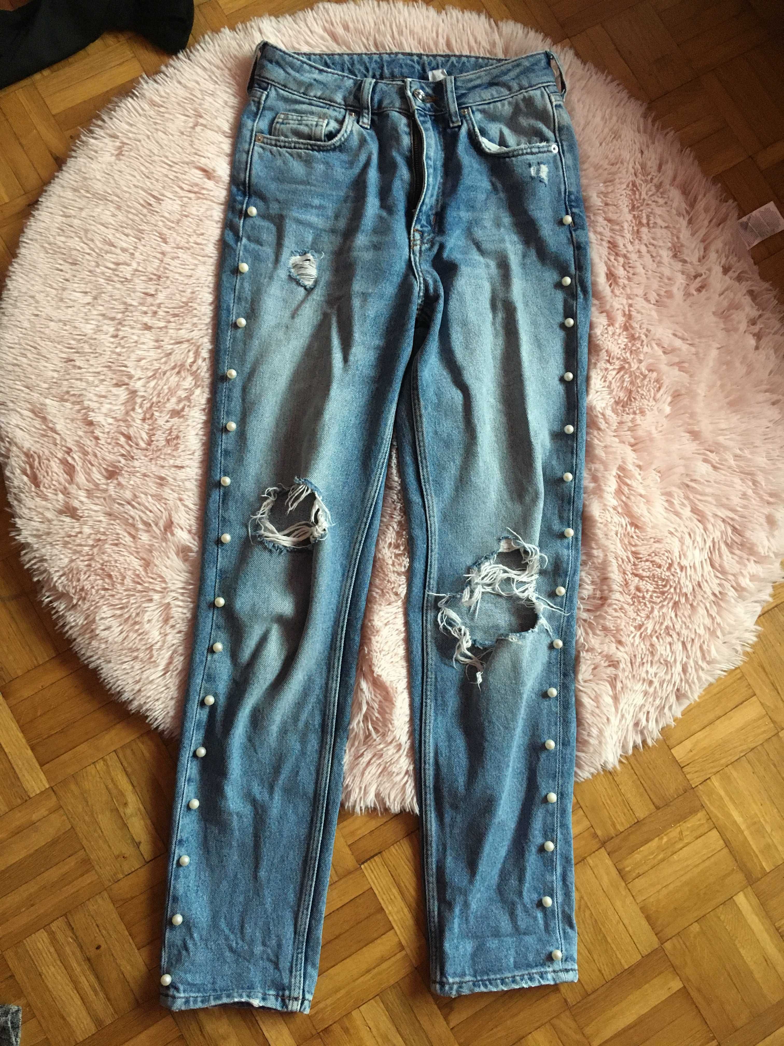 jeansy spodnie jeansowe sportowe xs 34 s z dziurami perełkami koraliki