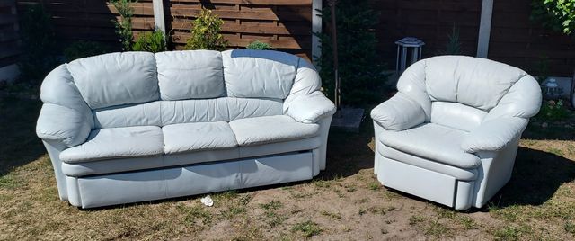 Sofa rozkładana plus fotel skóra naturalna