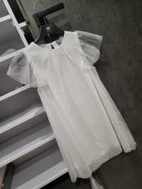 Prześliczna biała sukienka tiul srebrn kropeczki nowa bez metki r. 128