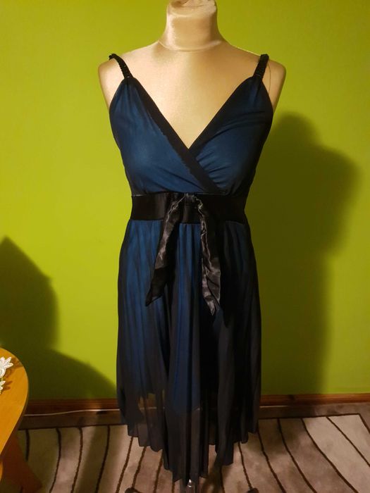 Sukienka na ramionka, tiul, czarno granatowa z kokarda S