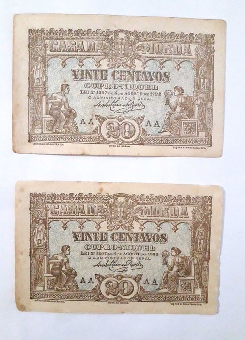 Notas-cédula de 20 centavos de 1922 Rep. Portuguesa (Casa da Moeda)