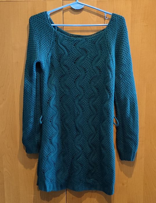 Szmaragdowy morski sweter tunika pleciony r.S/M