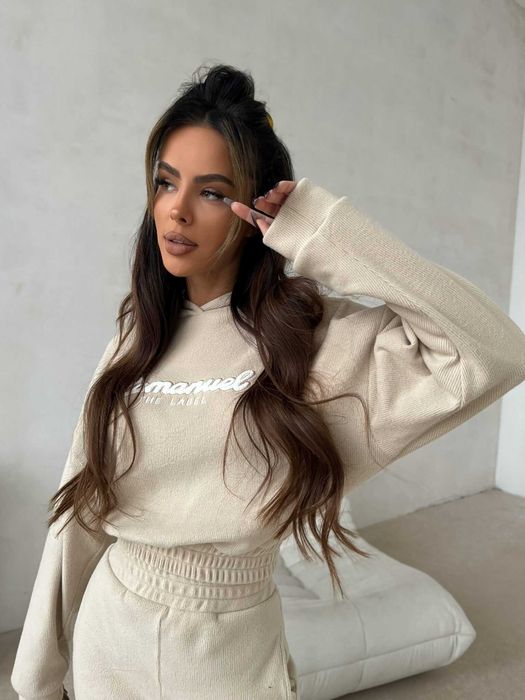 Komplet beż fine line La Manuel z kapturem, dres miś M/L