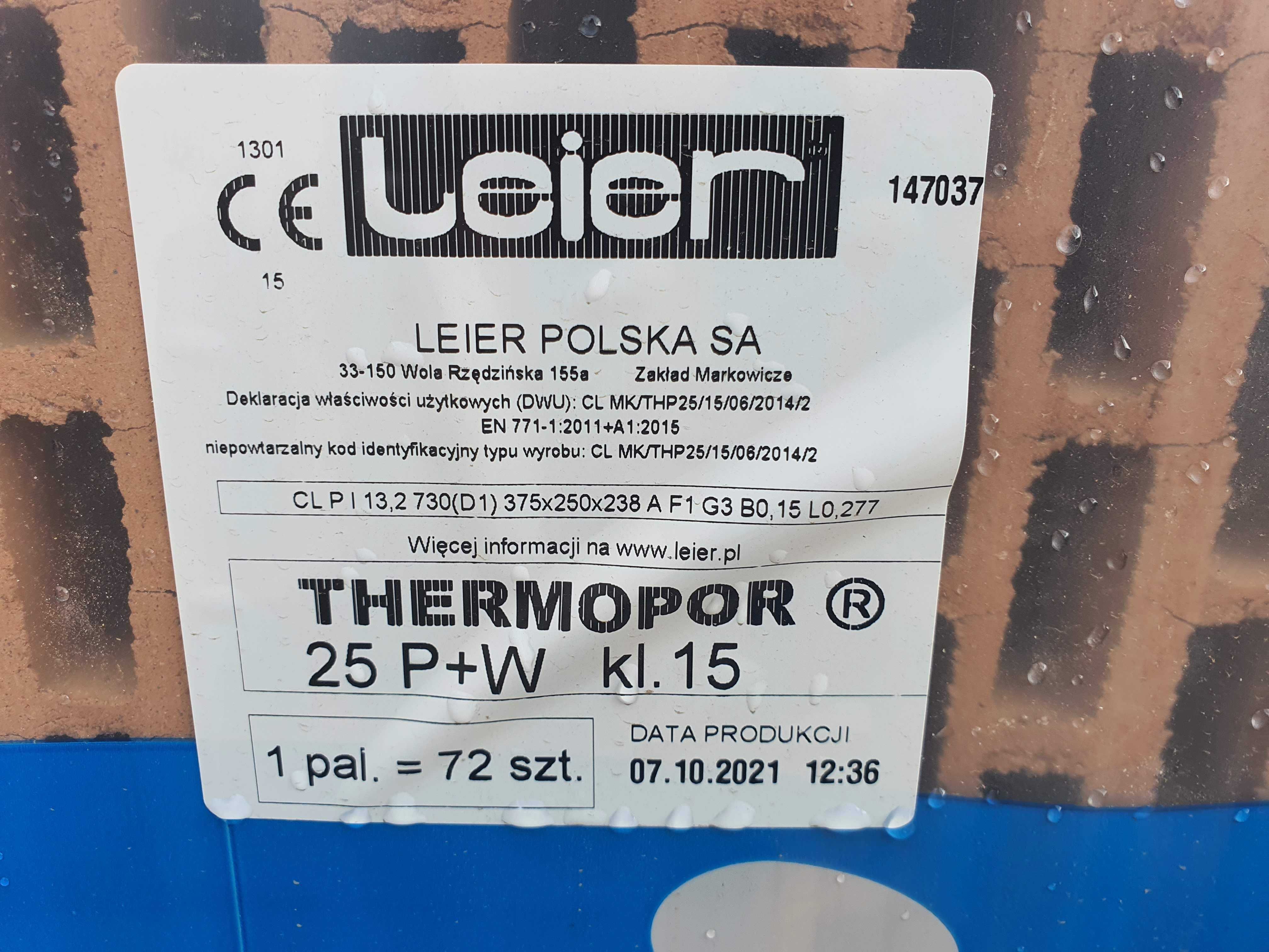 Pustak ceramiczny LEIER TERMOPOR 25 P+W 250x375x238 Transport HDS