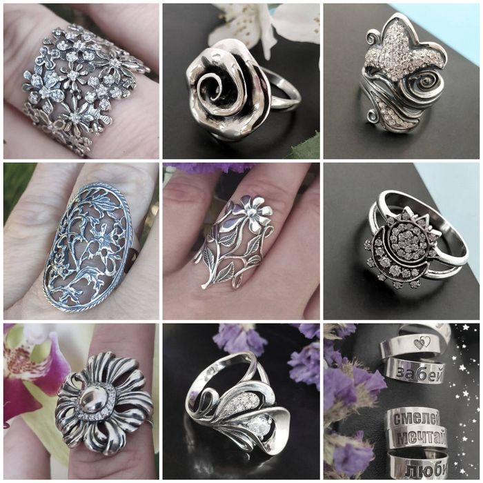 Нові срібні каблучки, 72 дизайни, різні розміри