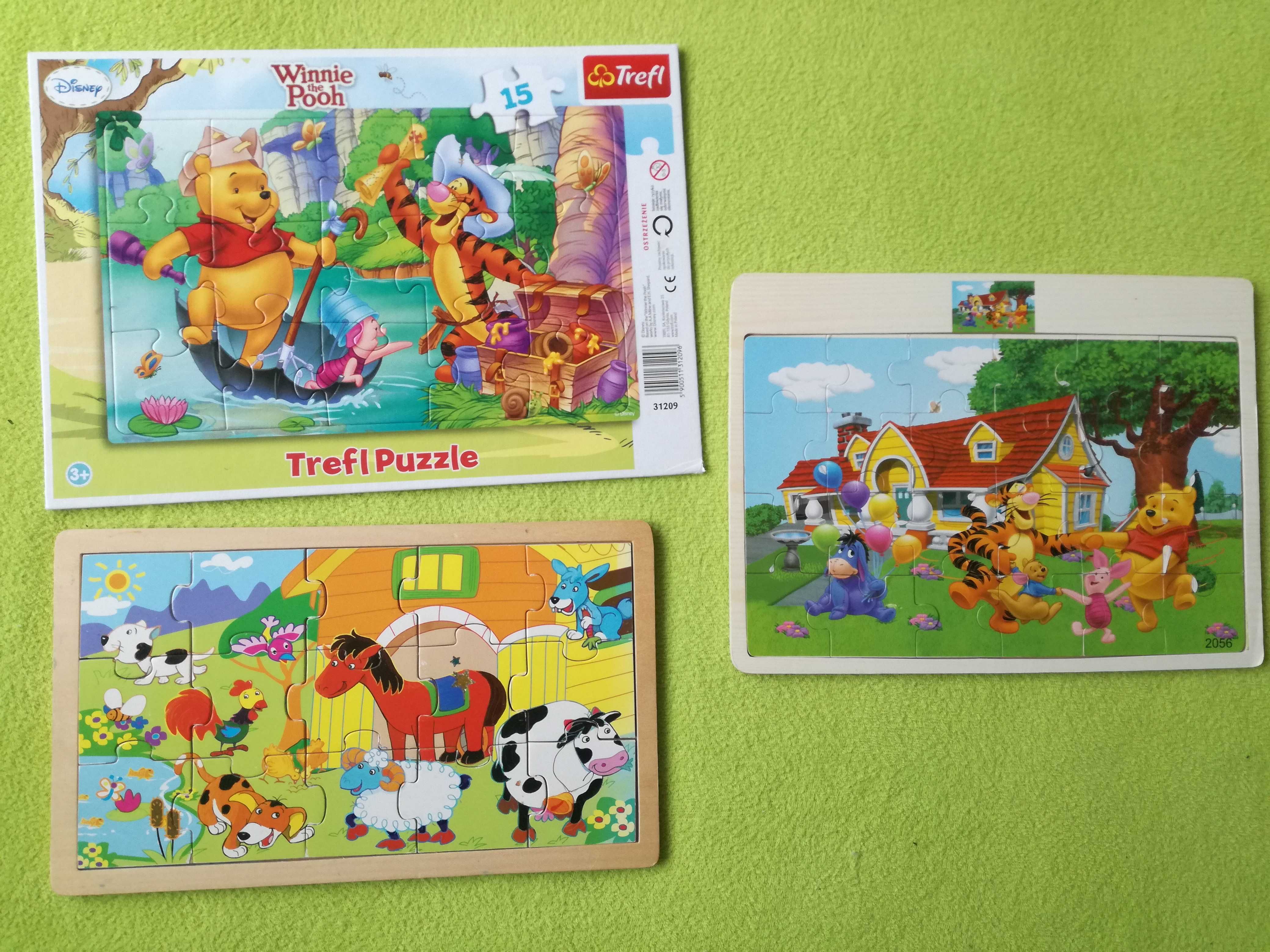 3 x puzzle KUBUŚ PUCHATEK, WIEŚ, ZWIERZĘTA, 15-24 elementy