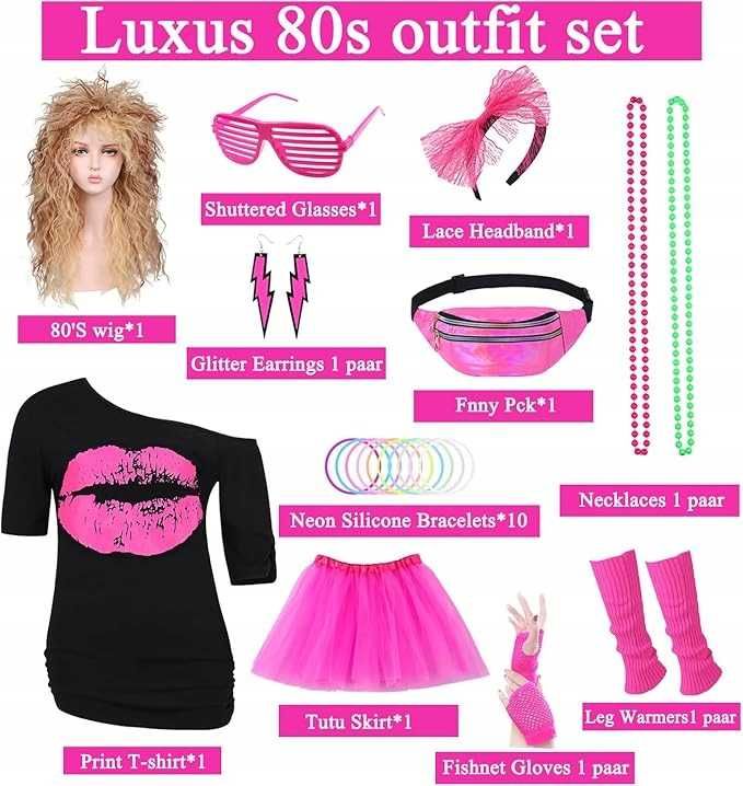 Strój lata 80 90 RETRO DISCO NEON koszulka spódnica przebranie XXL A1