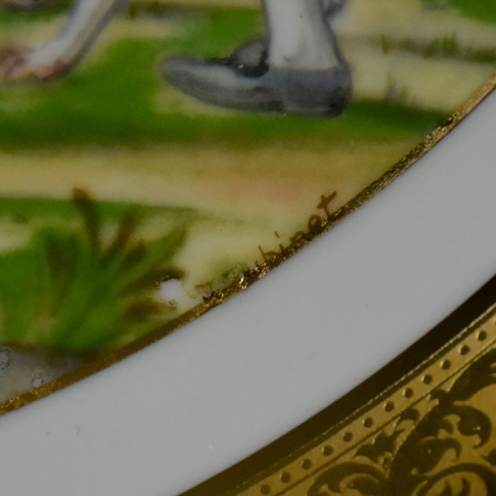Grande prato fundo, cena de caça de JRoubinet, porcelana T. Limoges
