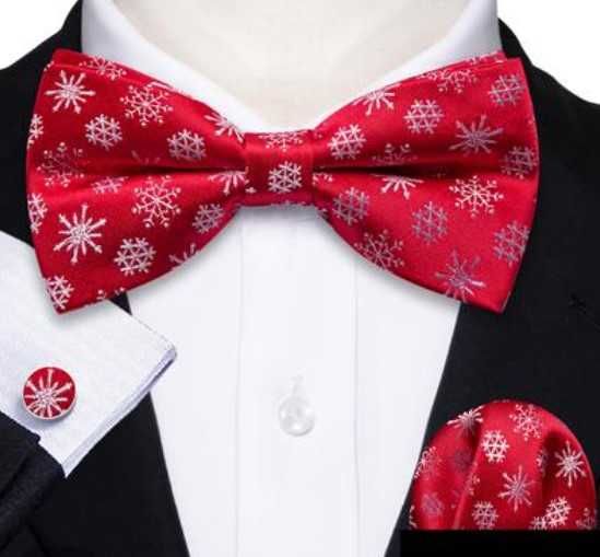 Świąteczna Mucha Komplet Muszka poszetka spinki czerwona gwiezdki