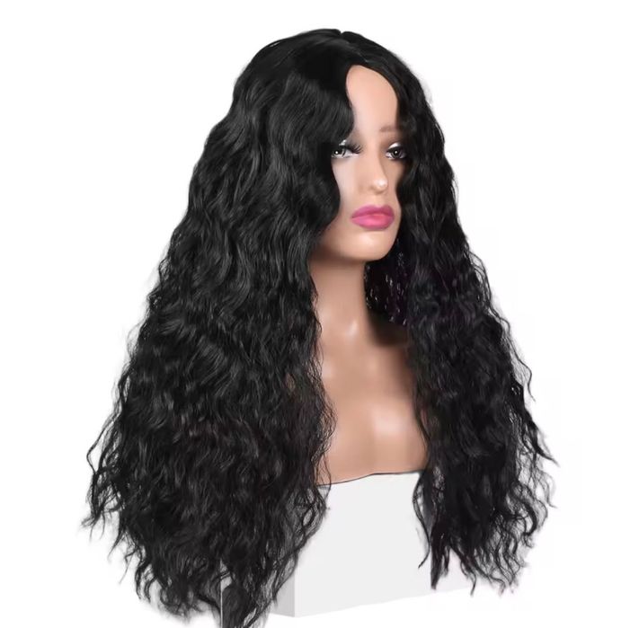 Nowa peruka damska długa kręcona bez grzywki czarna Loki fale