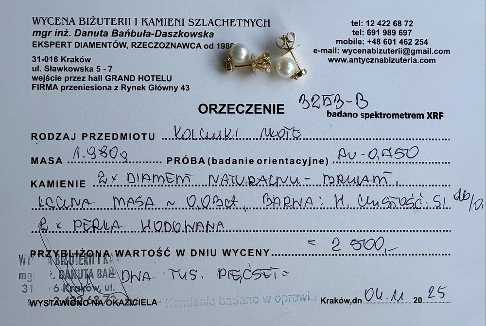 Retro kolczyki złoto 18 k perły diamenty sztyfty Certyfikat