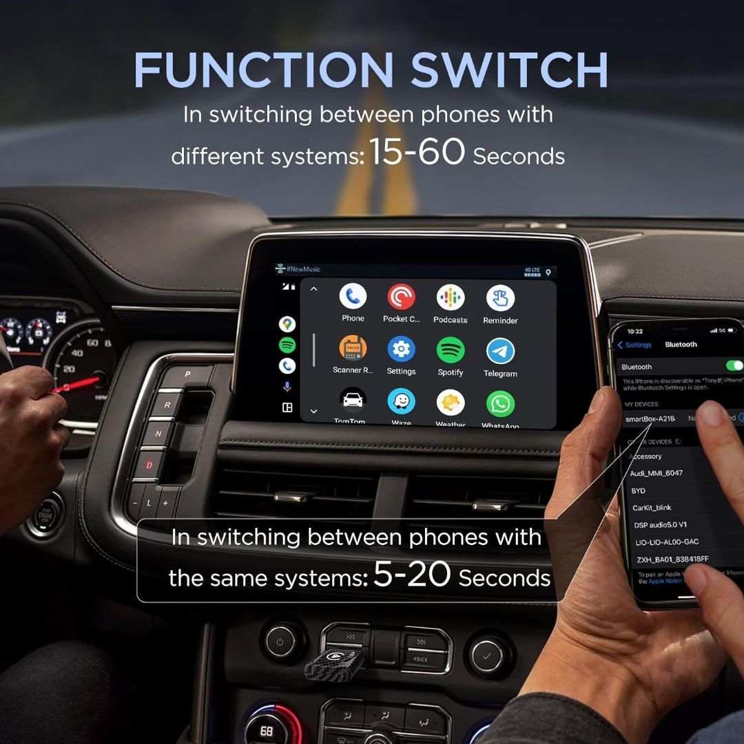 MSXTTLY Bezprzewodowy Adapter Android Auto i CarPlay 2 w 1