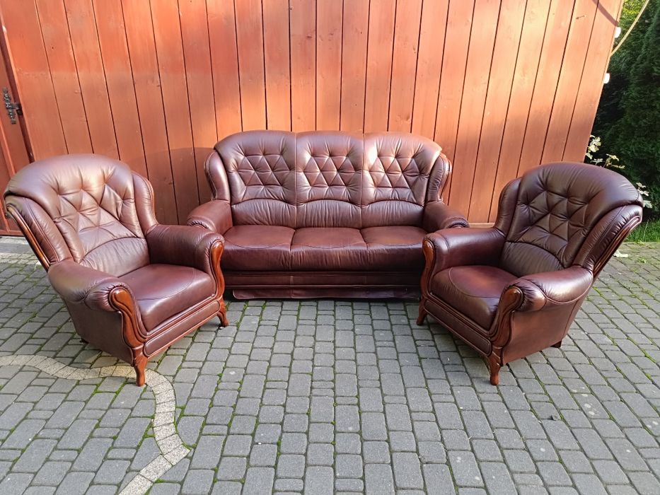 Komplet skórzany 3+1+1, sofa i fotele, styl Ludwikowski, skóra natural
