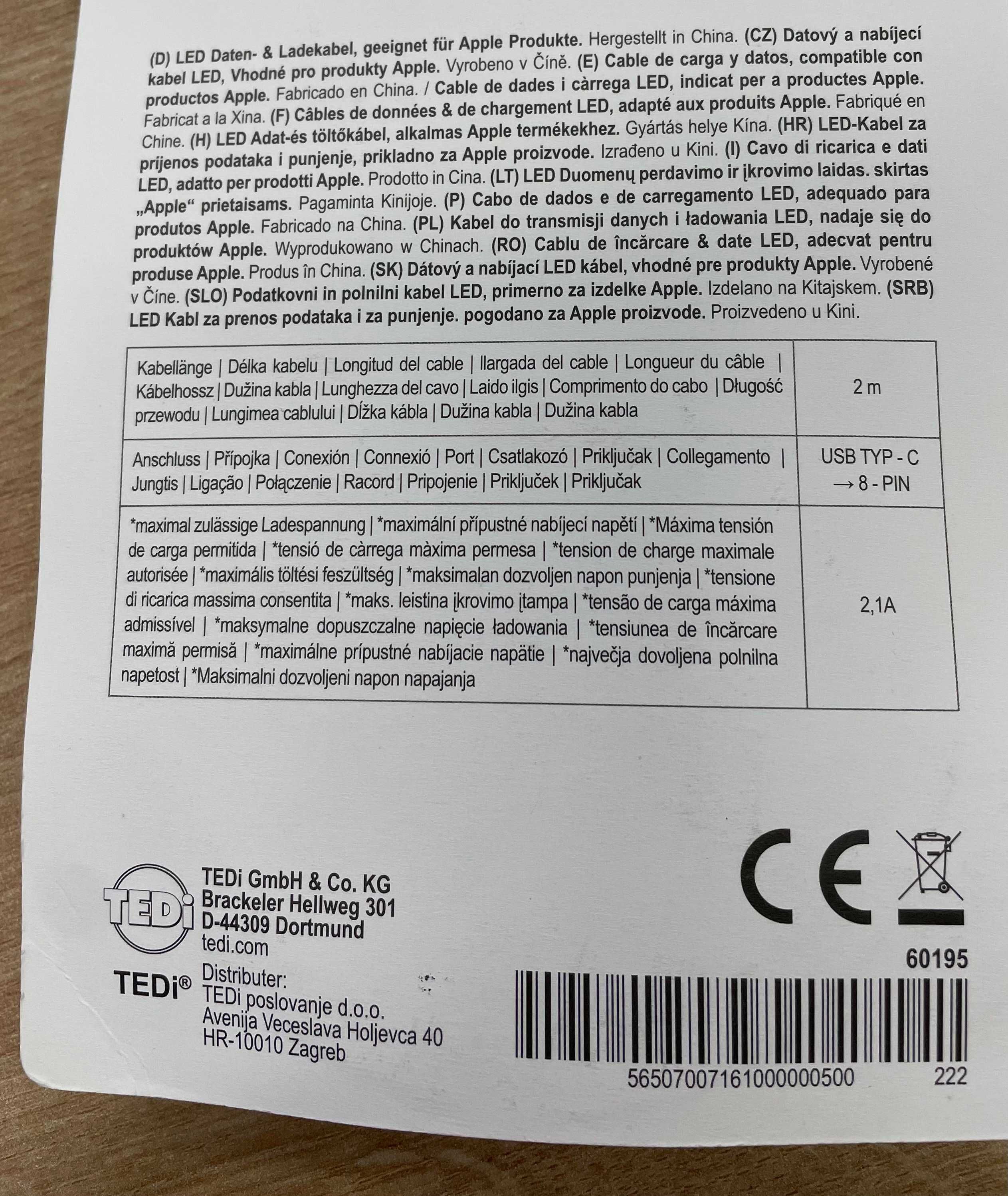 Kabel do transmisji danych i ładowania LED, USB Typ-C 8-PIN, Apple