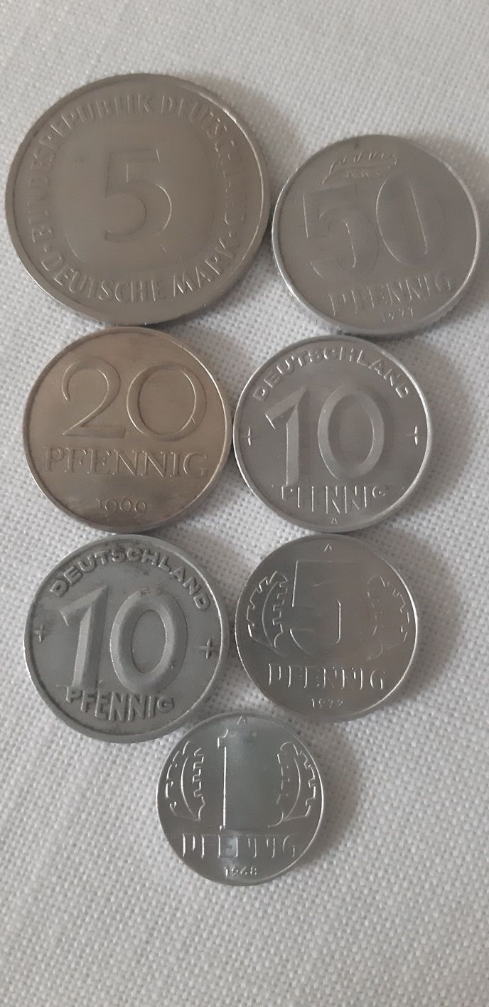 Monety niemieckie Pfennig i  Marka 1948.1981 7 sztuk komplet