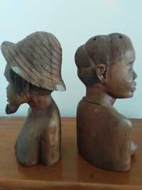 Conjunto de 2 bustos em madeira africana