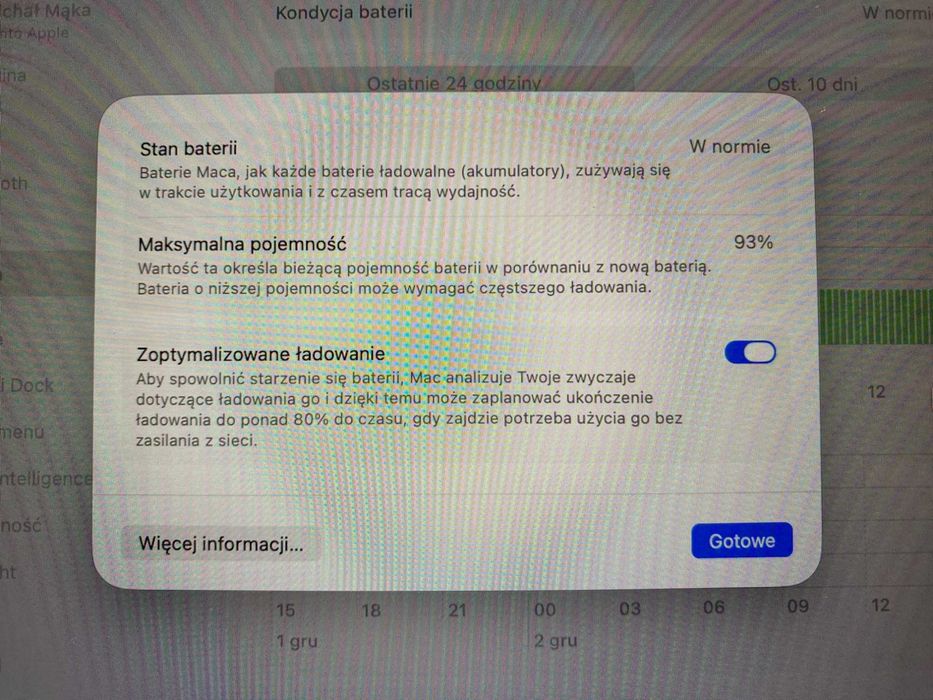 Macbook Air 13 M1 256 8 GB 93% pojemności baterii
