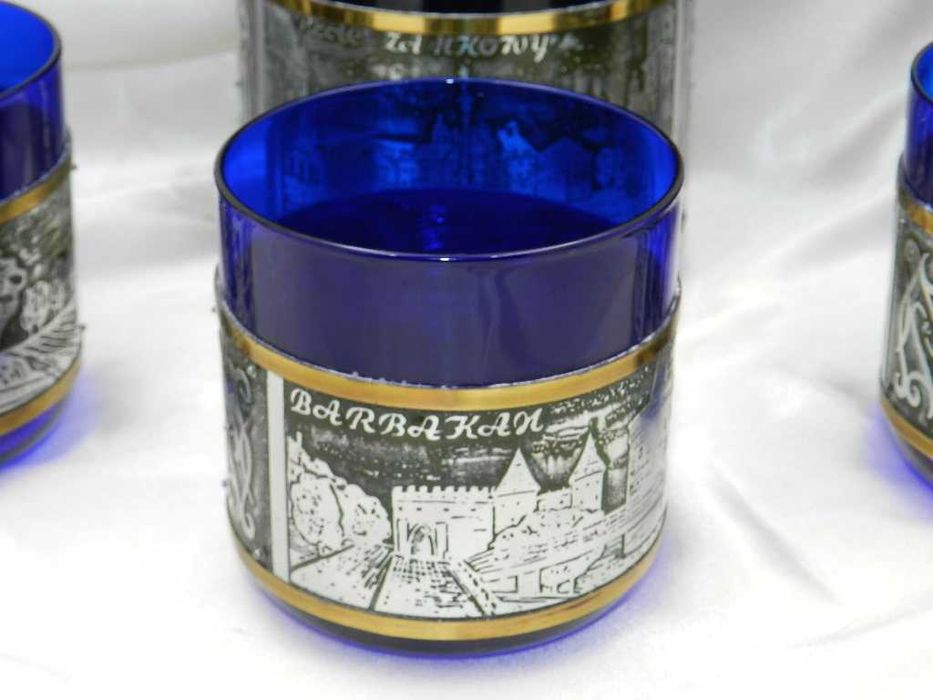 Kobaltowy okuwany zestaw do napojów WARSZAWA Huta Hortensja lata 70-80