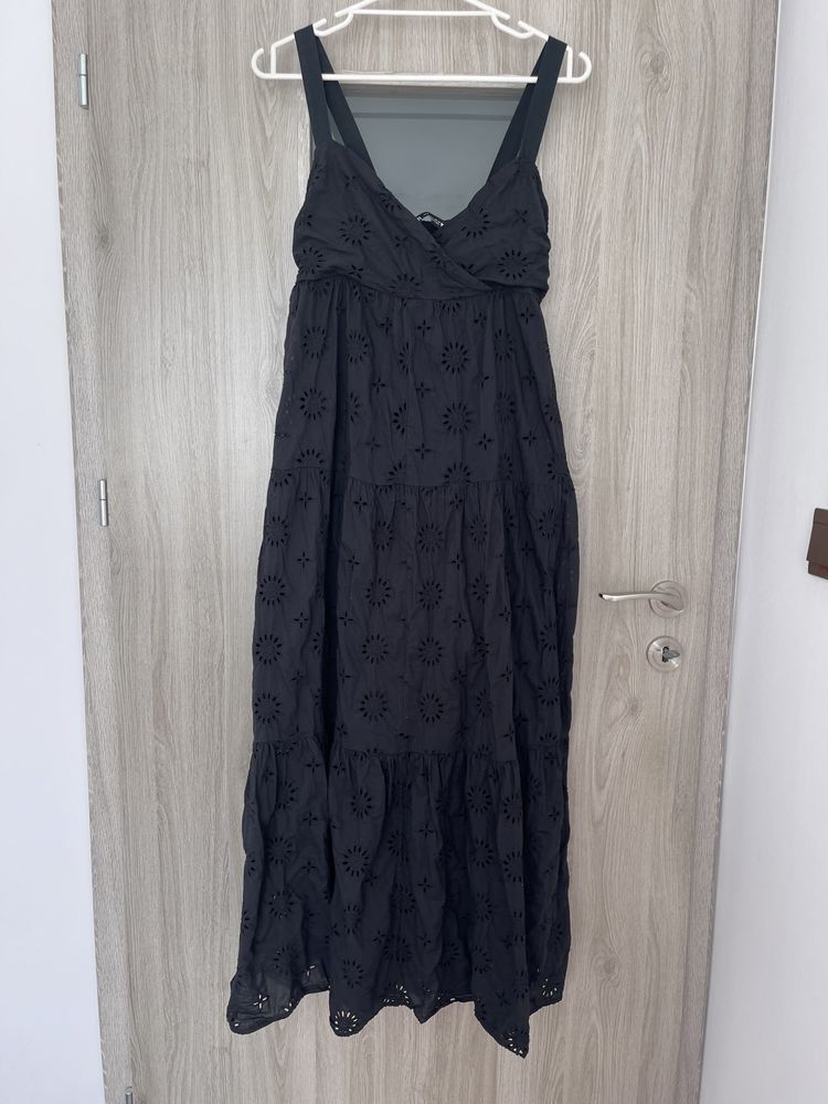 Sukienka maxi długa czarna zara 36 s ażurowa haft haftowana