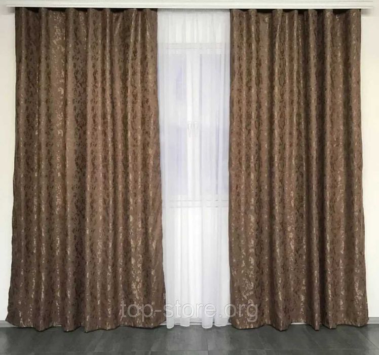 Нові оригінальні турецькі штори шоколадного кольору з тюлями із шифону
