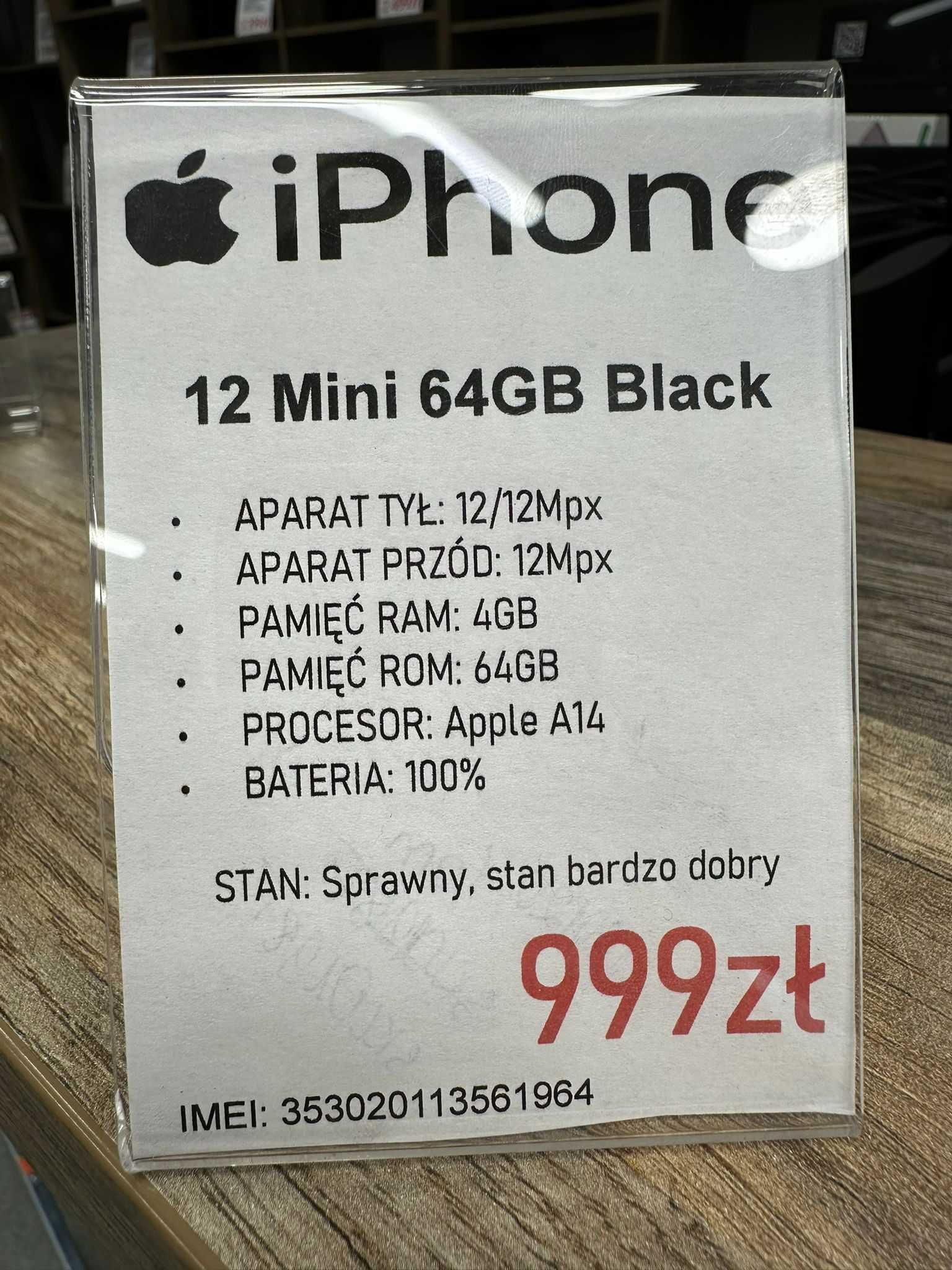 Smartfon Telefon Apple iPhone 12 mini 64GB Black stan bdb gwarancja