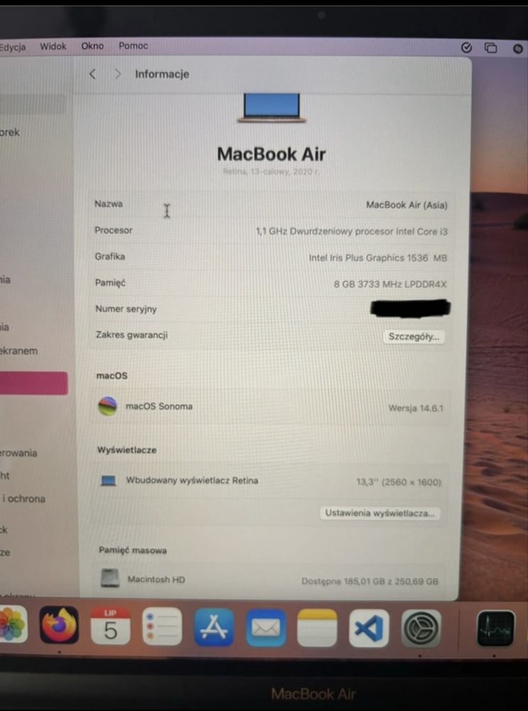 Laptop Apple MacBook Air 2020 r 256gb 8gb ram rose gold różowe złoto