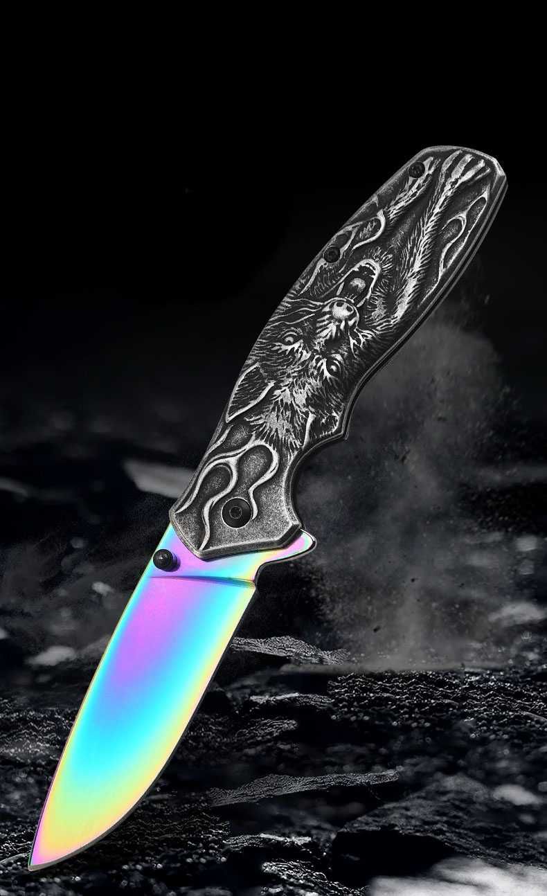 Nóż Scyzoryk myśliwski Tęczowy RAINBOW  WILK 3D metal KN51