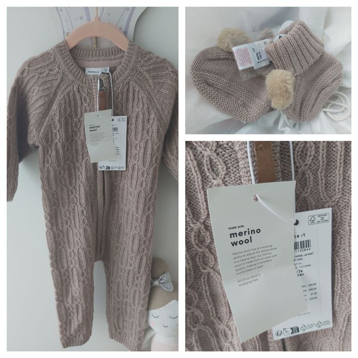 Nowy zestaw 100% wełna merino - kombinezon i skarpetki niechodki r. 74