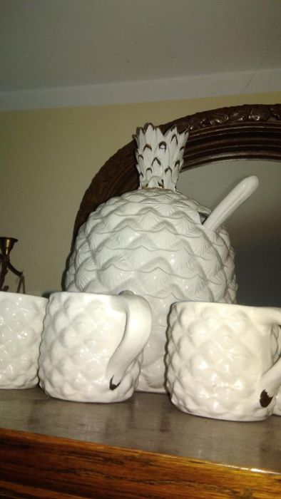 Piękny komplet dzban+filiżanki porcelana złocony Kolekcjoner Ananas