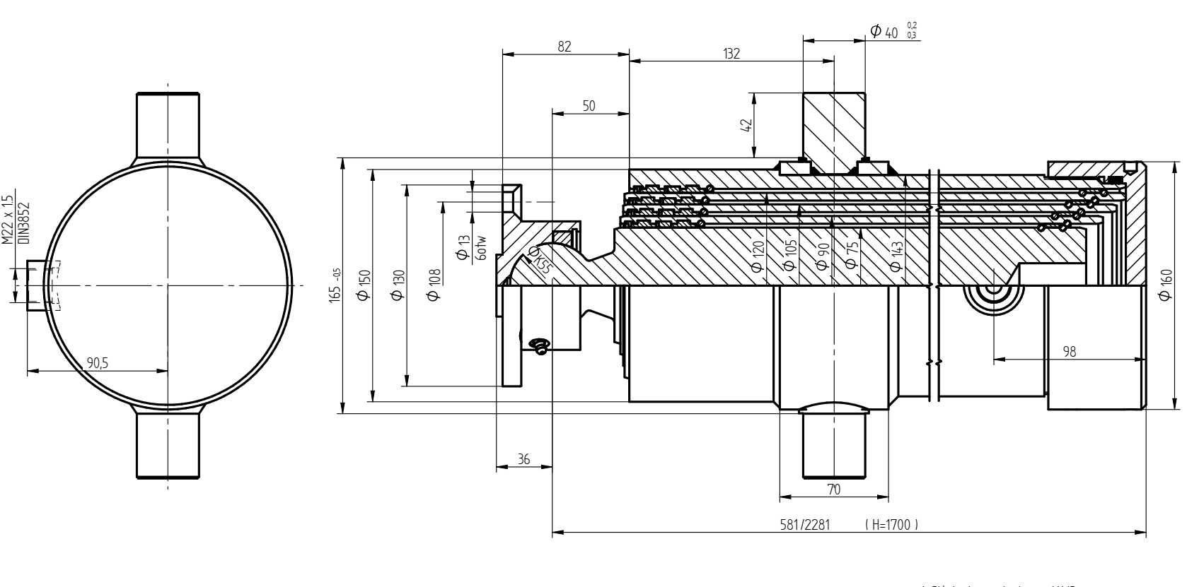siłownik ST4-1700 wywrotu przyczepy. Wysuw 1700 mm. 12 ton.