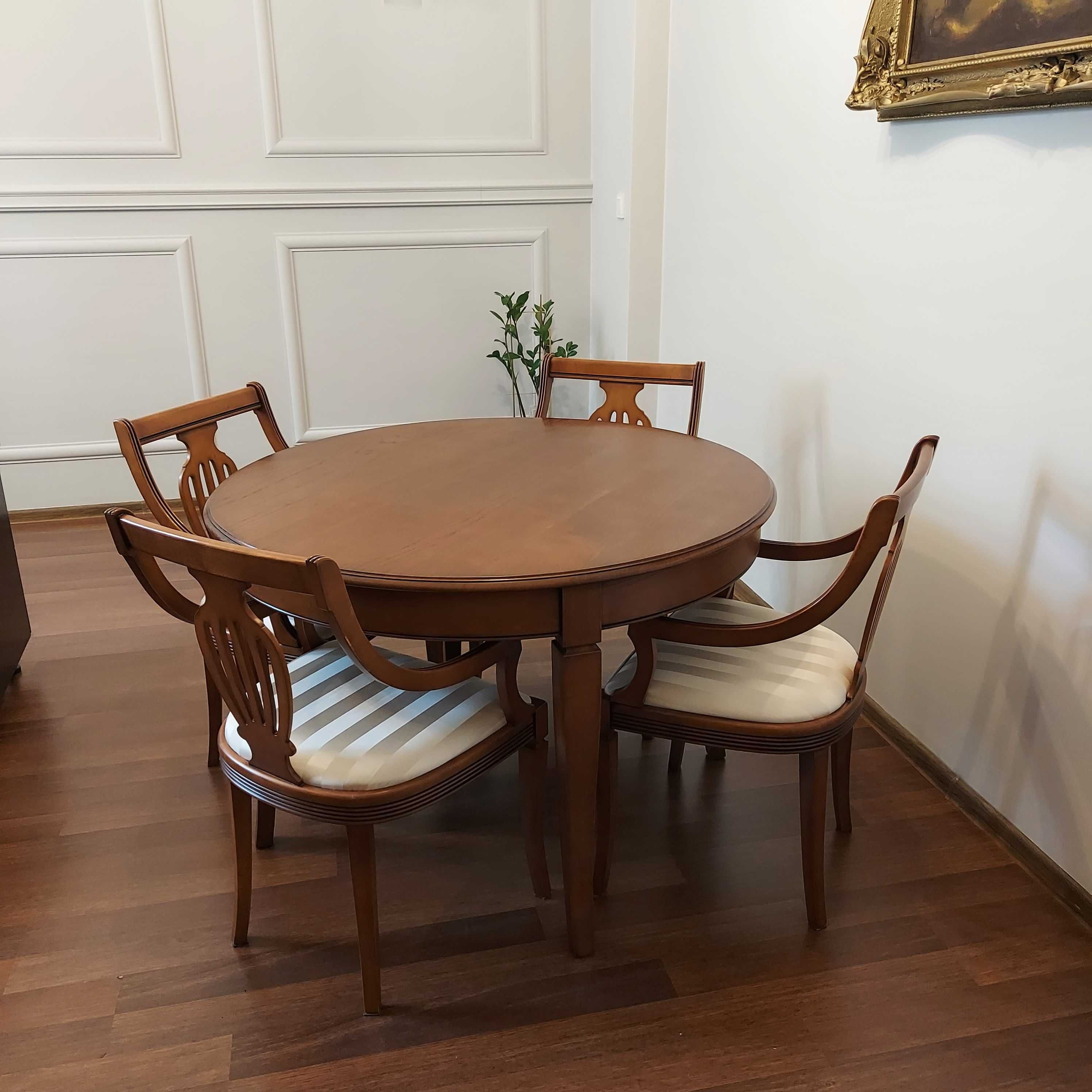 Elegancki, okrągły stół dębowy z litego drewna i 4 krzesła
