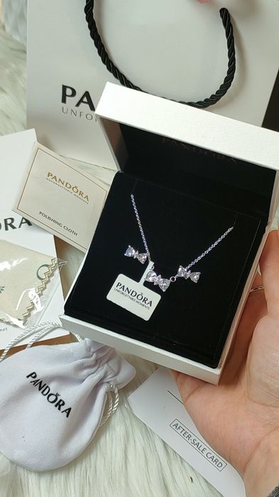 Срібний комплект Pandora Сяючий бант.Набір Пандора сережки, підвіска